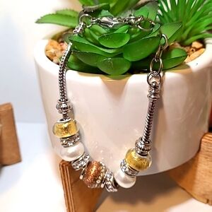 Charm‎ Bracelet Gold Pearl Rhinestone Silver Tone Fashion Jewelry